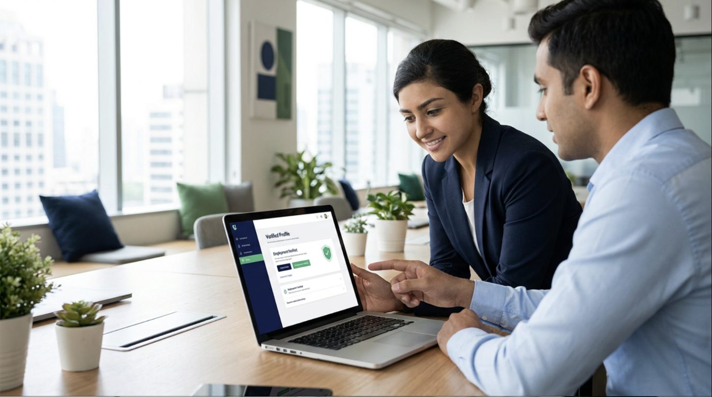 An HR manager reviewing a candidate's verified profile with a colleague